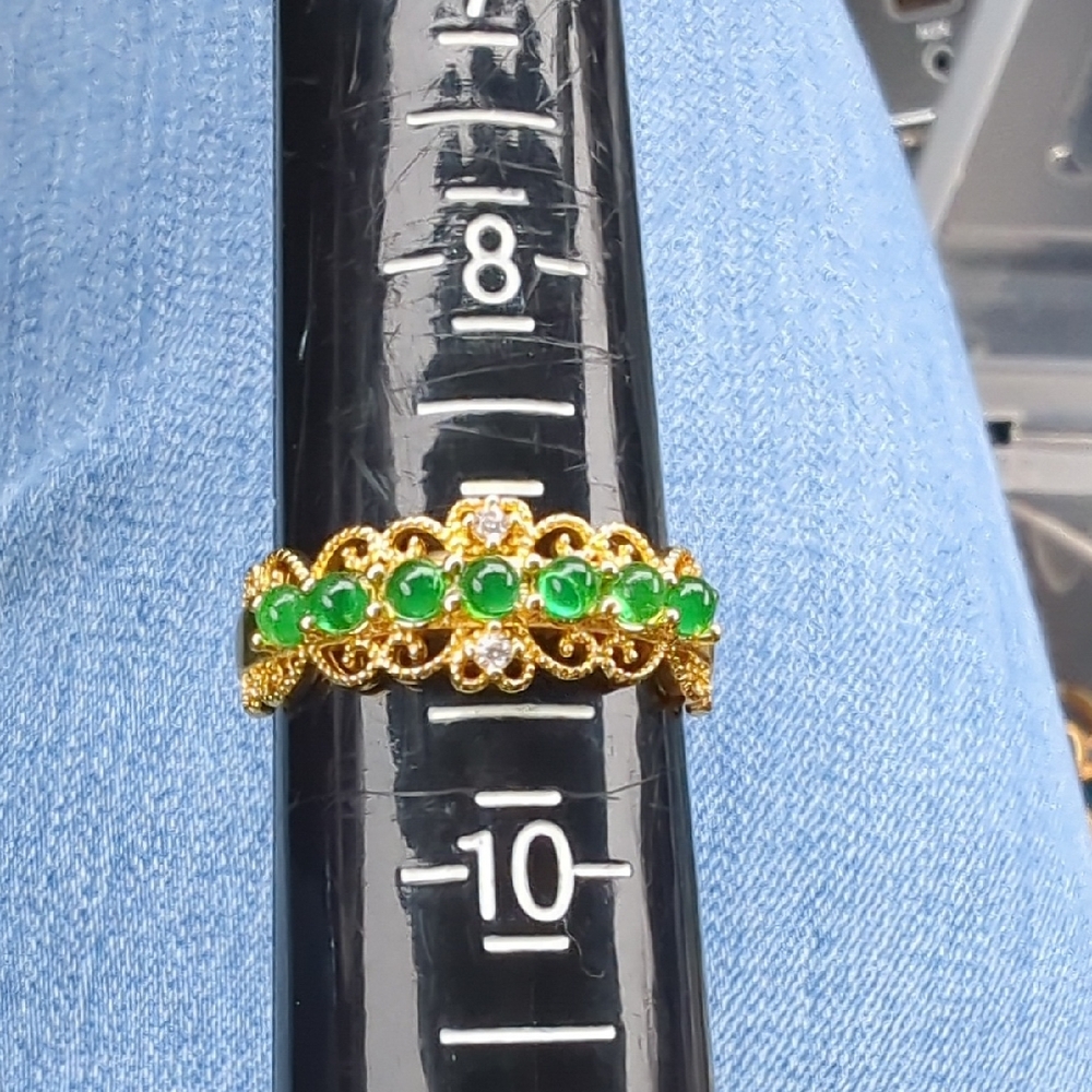 Gold Tone Sterling Silver Green Ring- Size 9